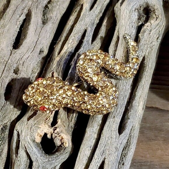 Vintage Austrian Crystal Champagne Bronze Snake Lapel Coat Sweater Pin Brooch - Picture 4 of 7